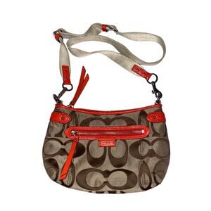 Coach Khaki Signature Stripe Crossbody Bag Orange Leather Trim purse handbag
